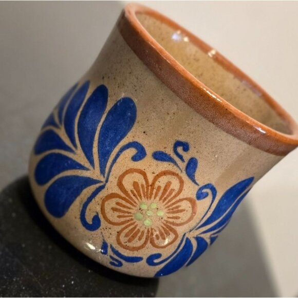 VTG El Palomar Mexico stoneware Mexican Pottery mug Blue orange Mexican floral - Picture 2 of 9